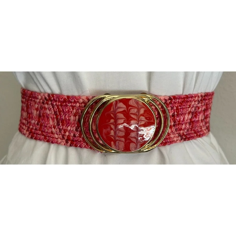Vintage 80s Pink Woven Cinch Belt S Gold Overlap Circle Swirl Resin Buckle EUC